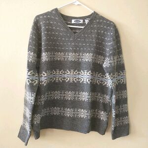 Vtg Old Navy Sweater Pullover Womens XL/M-L*Gray Fair Isle 100% Lambswool Nordic